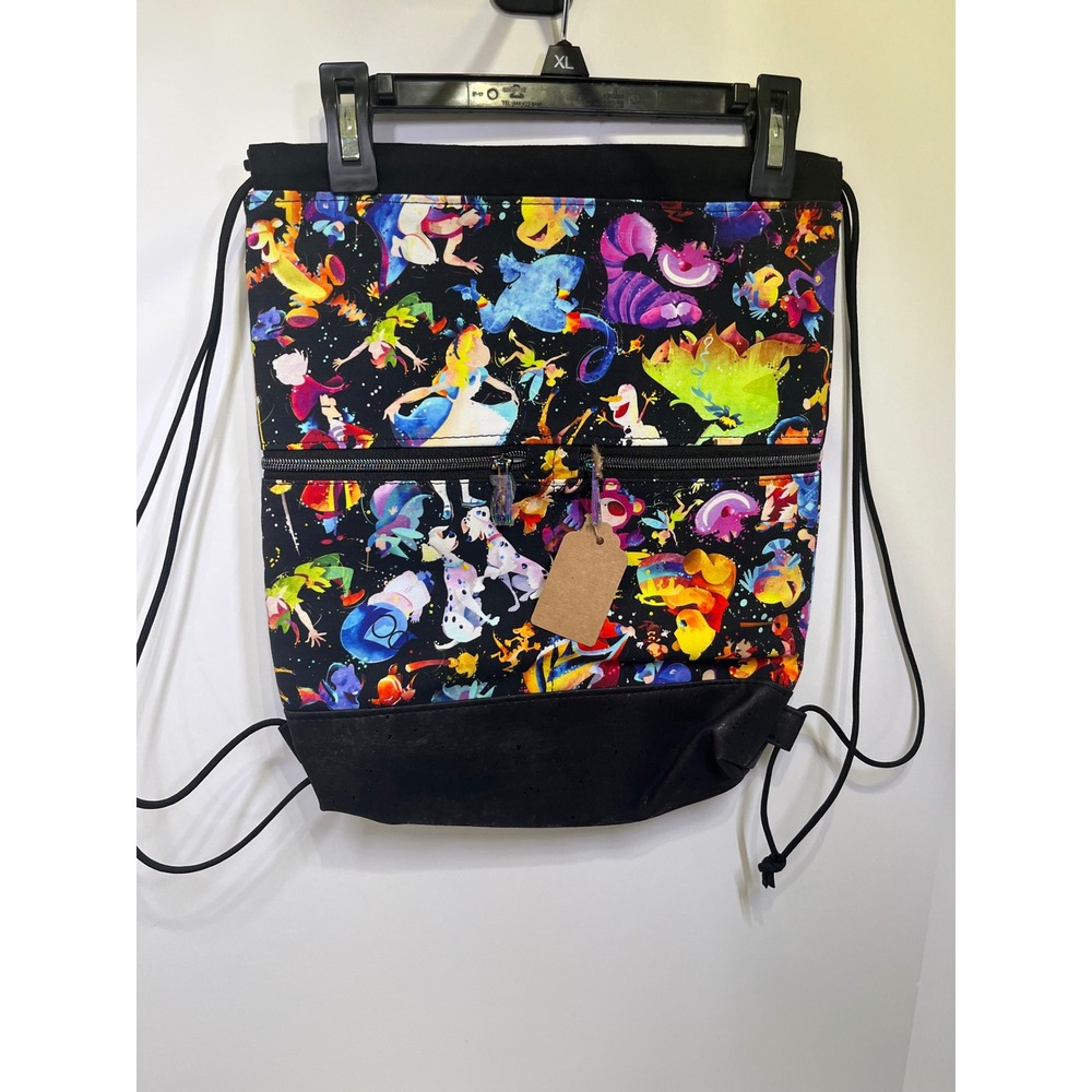 Handmade Character Watercolor Drawstring Backpack Black Cork Base Zipper Pocket